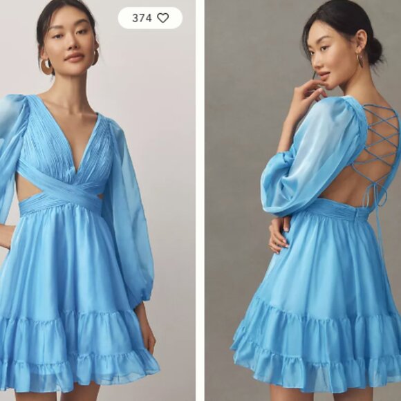 Anthropology Dress Mac Duggal Long-Sleeve Chiffon Womens 10 Sky Back Cutout Mini - Picture 1 of 4